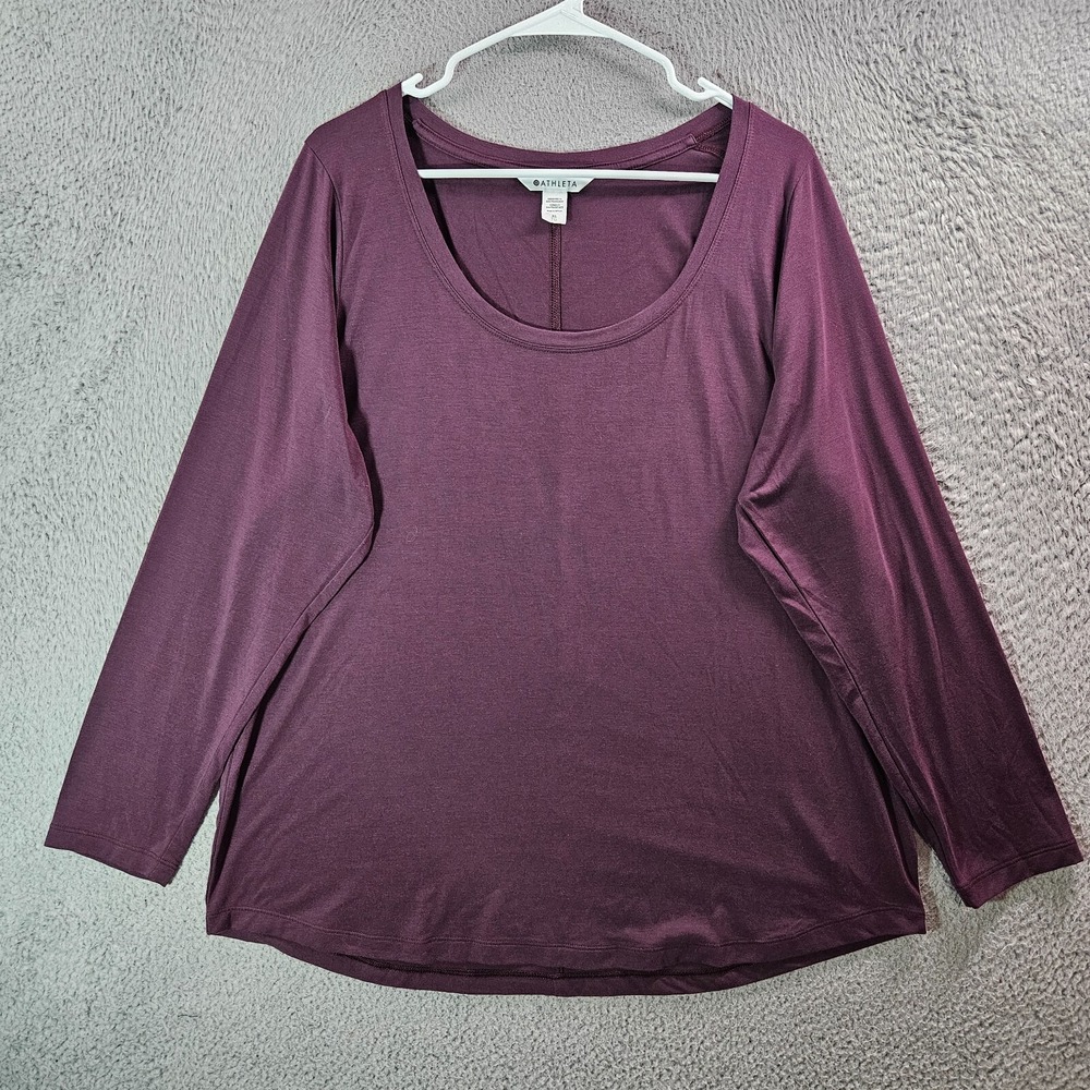 Athleta Tee top‎ Women XL Scoop Neck Long Sleeve Stretch Purple + Maroon